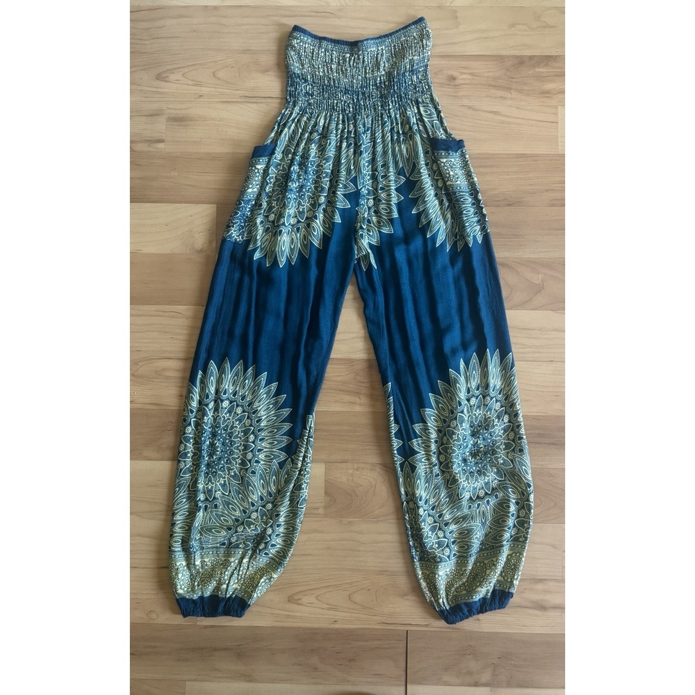 Teal Mandala Harem Pants Smocked Waist Boho Festival Hippie Balloon Leg S/M